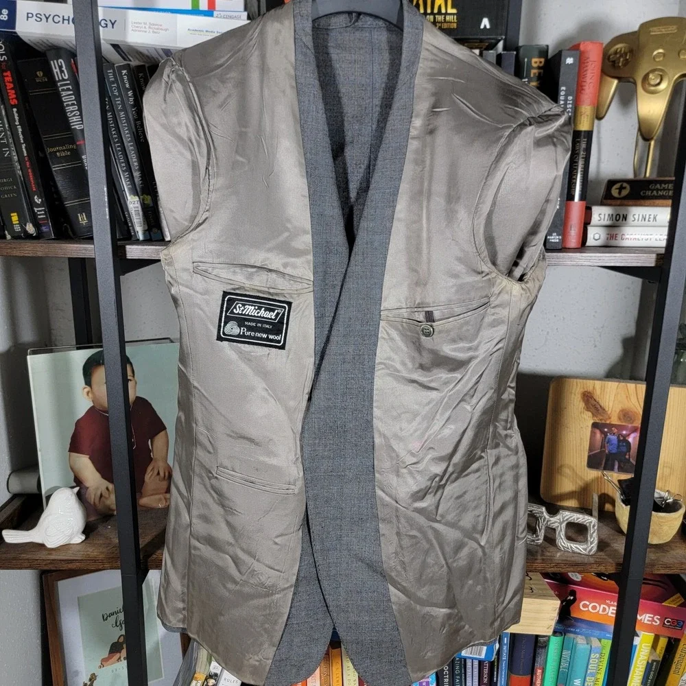 VTG St. Michael Men's Sport Coat Blazer Two Button Gray Plaid Wool‎ Sz 38S